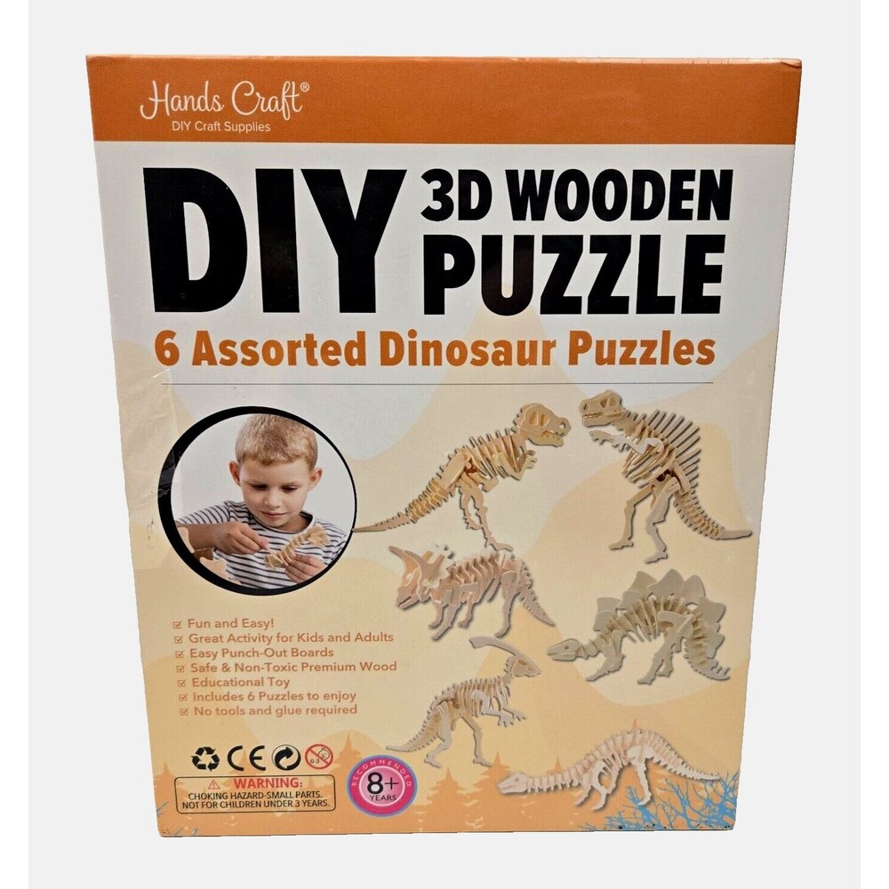 Hands Craft DIY 3D Wooden Puzzle 6 Assorted Dinosaur Puzzles Set Stem NEW Sealed
